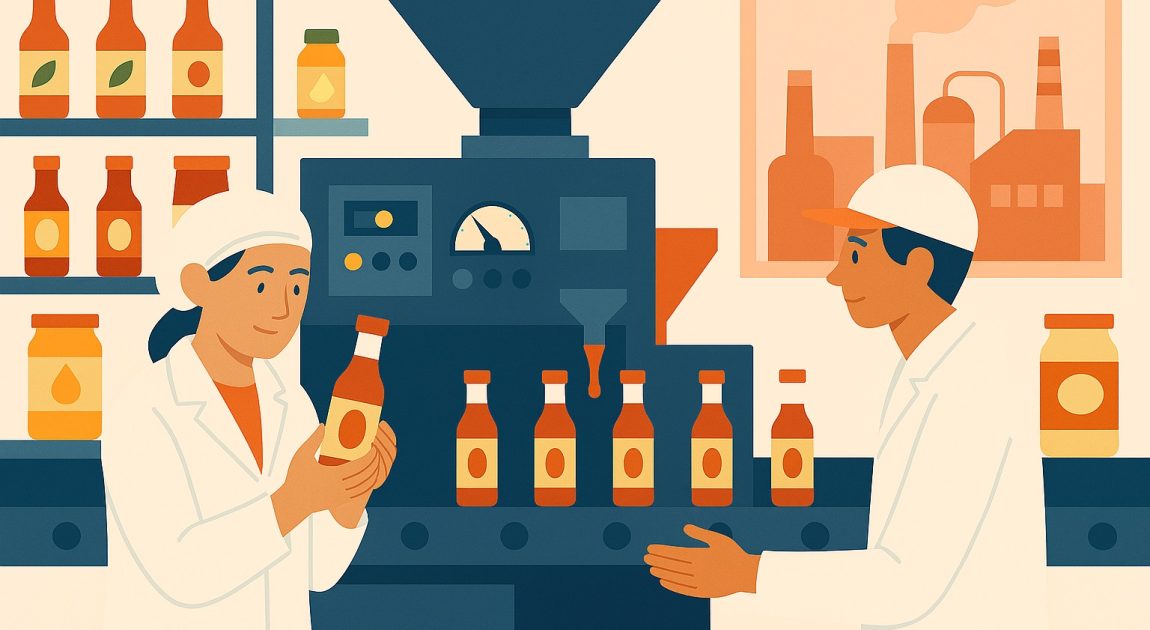 調味料を持った女性、工場のラインに調味料が並んでいる。食品メーカー（調味料）業界をイメージしている。