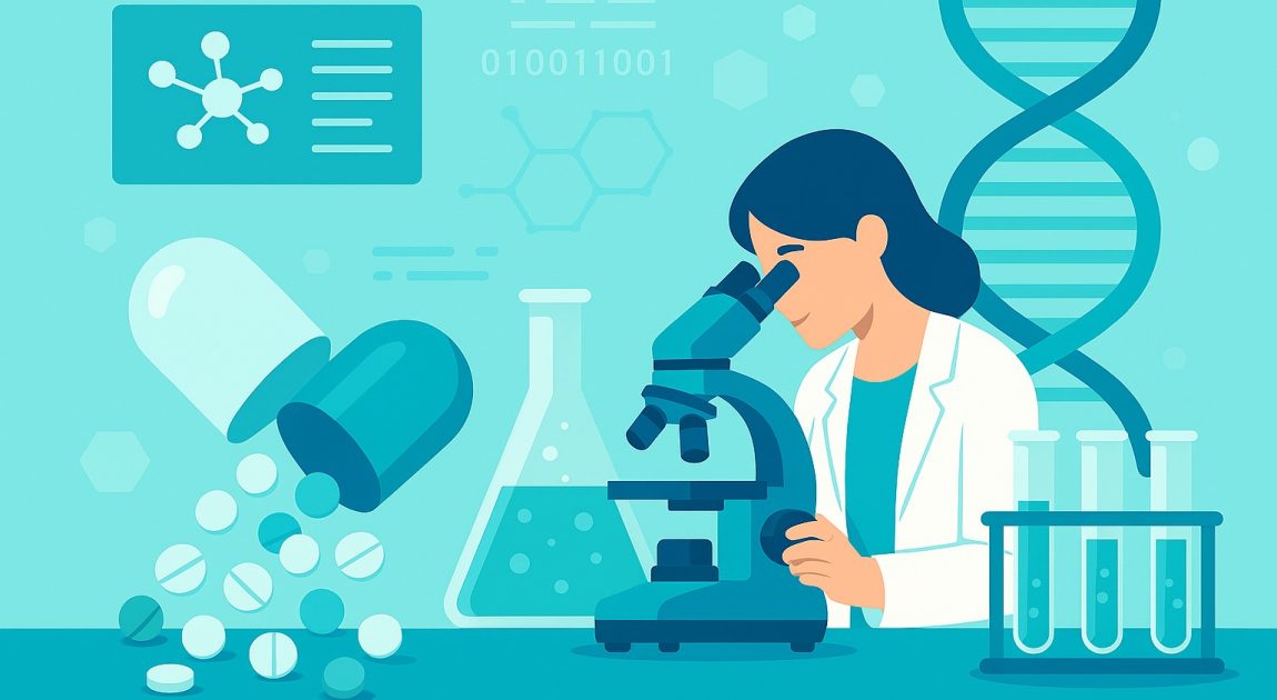 顕微鏡を覗き込む女性、錠剤や試験管。医薬品(バイオ)業界をイメージしている。