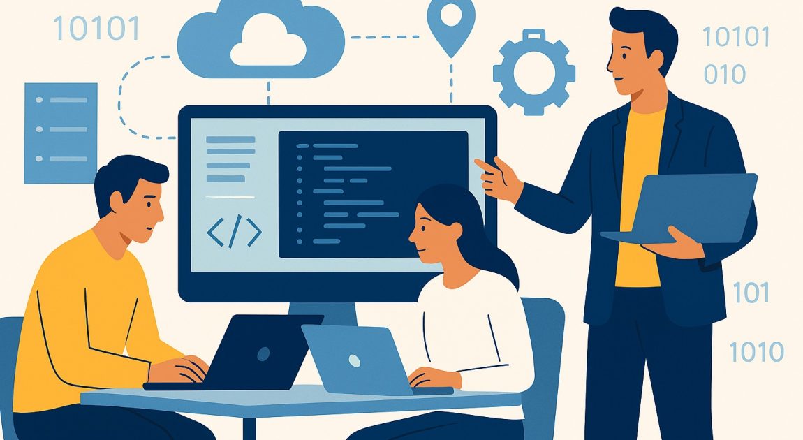パソコンで作業してる人々。モニターがある。ITサービス（SI・受託開発）業界をイメージしている。